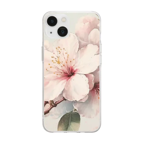 春のふんわり桜の花のアート Soft Clear Smartphone Case