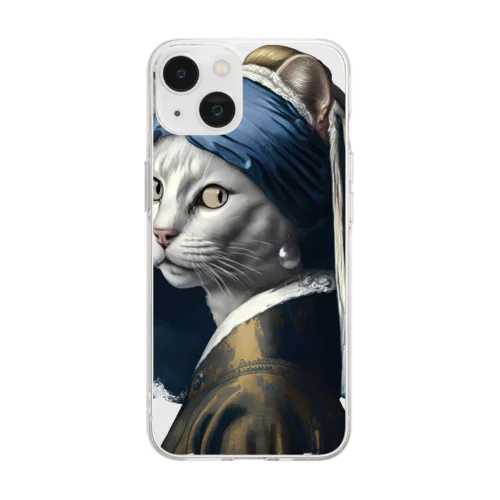 パールイヤリングをした猫- Vermeerの笑える絵画 Soft Clear Smartphone Case