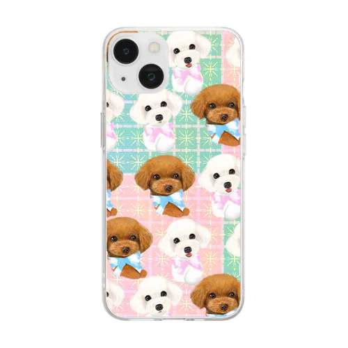 りぼんをつけたトイプードルたちのパターンイラスト Soft Clear Smartphone Case