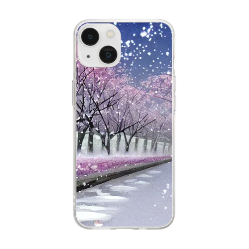 夜の桜並木に雪 Soft Clear Smartphone Case
