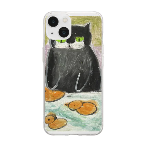かわいい黒猫がプールで泳いでいるアヒルを楽しそうに見ている Soft Clear Smartphone Case