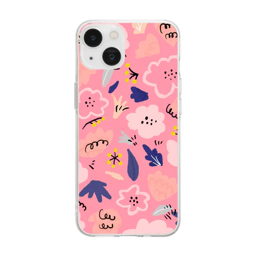 抽象的な手描きの花柄（ピンク） Soft Clear Smartphone Case