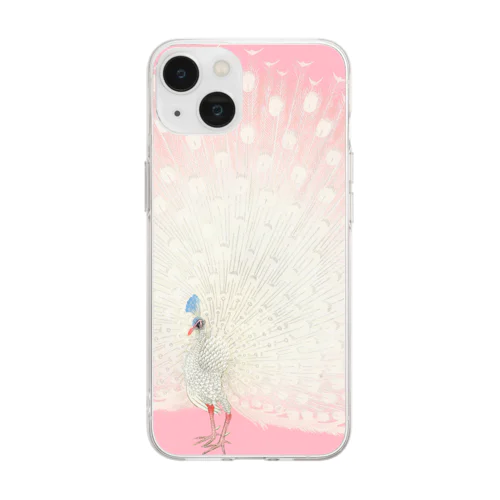 白い孔雀　小原古邨作品アレンジ　ピンク Soft Clear Smartphone Case