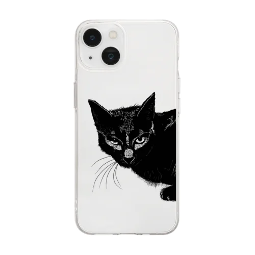 カッコよく覗きに来た黒猫 Soft Clear Smartphone Case