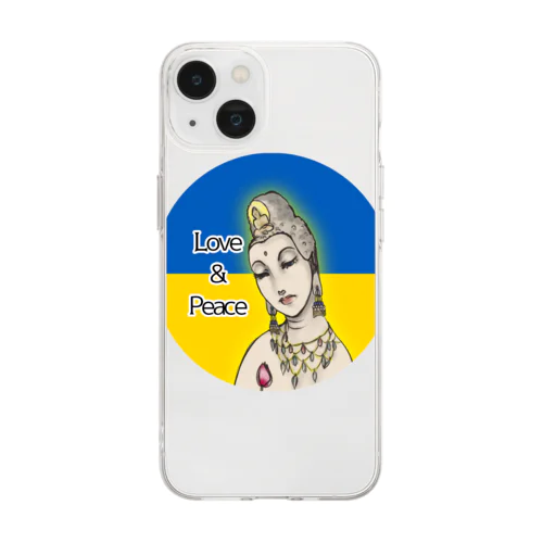 Love＆Peace観世音菩薩ウクライナ国旗背景 Soft Clear Smartphone Case