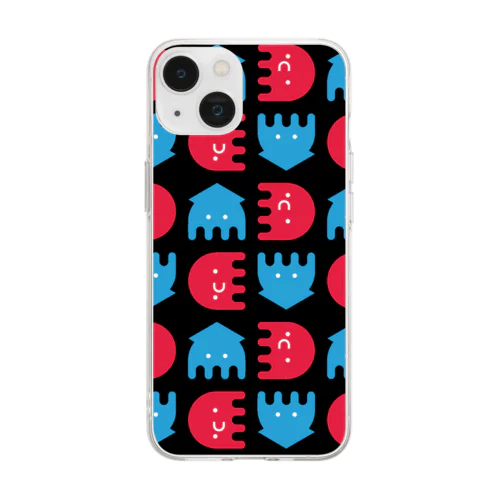 イカタコ総柄(ブラック) Soft Clear Smartphone Case