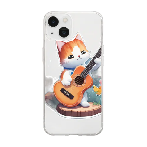 ギターを弾く可愛い猫 Soft Clear Smartphone Case