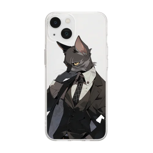 スーツ姿の猫 Soft Clear Smartphone Case