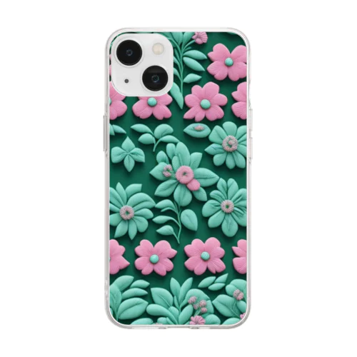 3D 花々 Green Soft Clear Smartphone Case