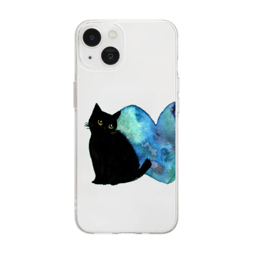 青いハートと黒猫ちゃん Soft Clear Smartphone Case