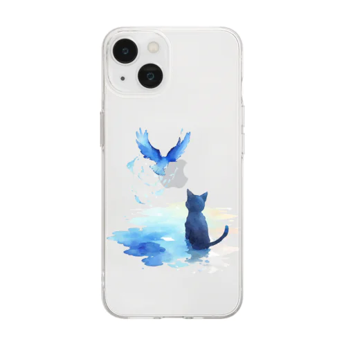 黒猫と青い鳥 Soft Clear Smartphone Case