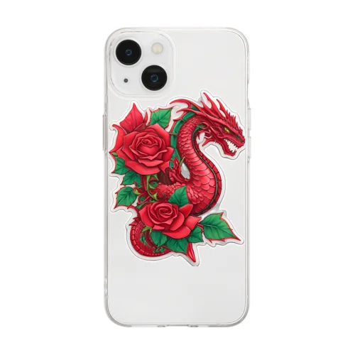 赤い薔薇とドラゴン Soft Clear Smartphone Case