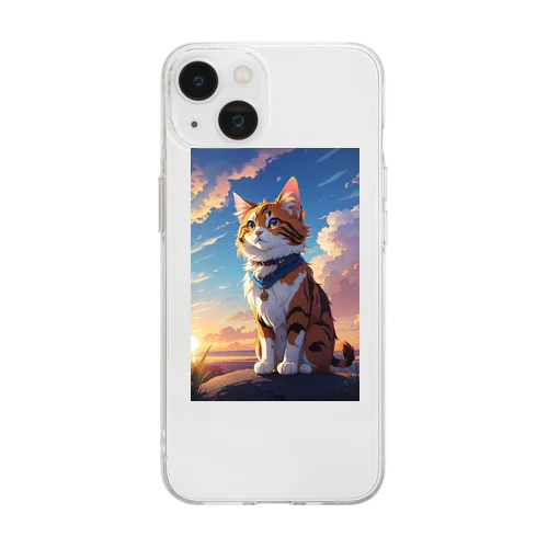 夕暮れと猫アニメテイスト Soft Clear Smartphone Case