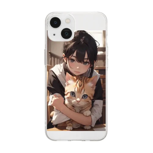 マンチカンを抱く美少女 Soft Clear Smartphone Case