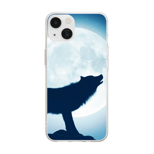 Wolf howling and full moon Soft Clear Smartphone Case