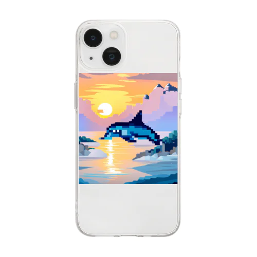 ドット絵の夕焼けとイルカ Soft Clear Smartphone Case