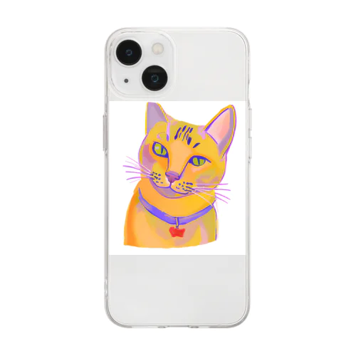 鮮やかな凛々しい猫さんのイラストグッズ Soft Clear Smartphone Case