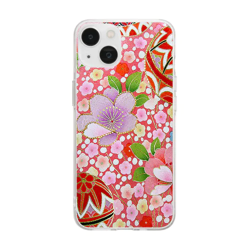 京友禅　手毬小花　ピンク Soft Clear Smartphone Case