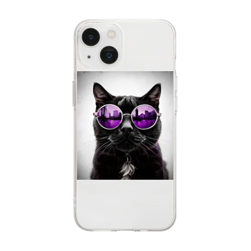 黒猫紫サングラス Soft Clear Smartphone Case