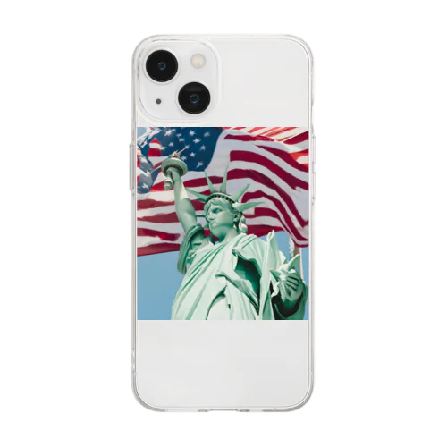 自由の女神とアメリカ国旗 Soft Clear Smartphone Case