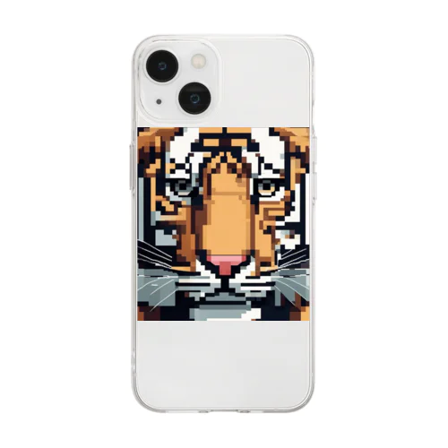 ドット絵で描かれた虎のアップ画像のプレミアムグッズ Soft Clear Smartphone Case