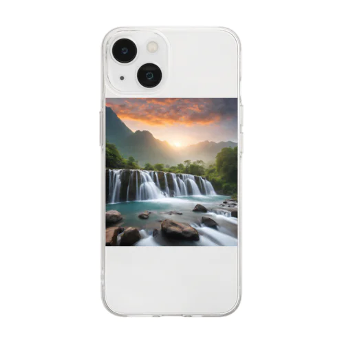 夜明けの滝と山々の美しい自然風景 Soft Clear Smartphone Case