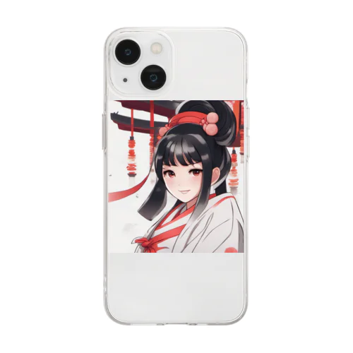 巫女服を着た綺麗なポニーテール女性のグッズ Soft Clear Smartphone Case