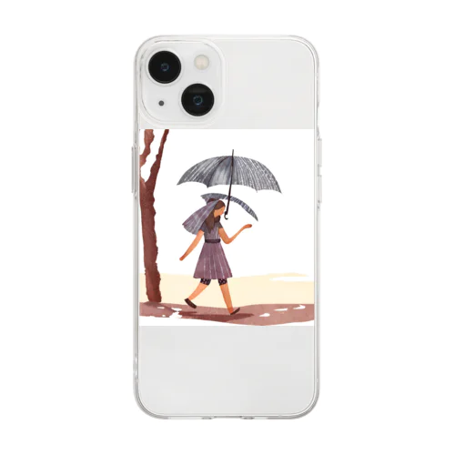 雨降り散歩 イラスト Soft Clear Smartphone Case