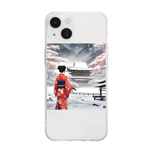 和服女性と雪景色 Soft Clear Smartphone Case