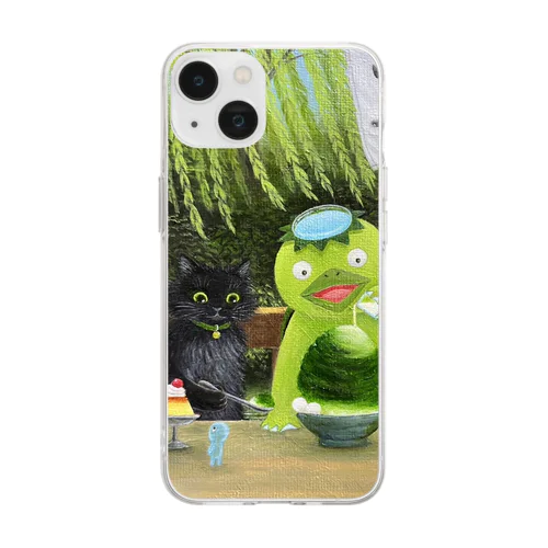 河童のカッちゃんと黒猫ロイ　夏のお楽しみ 油絵 手描き Soft Clear Smartphone Case