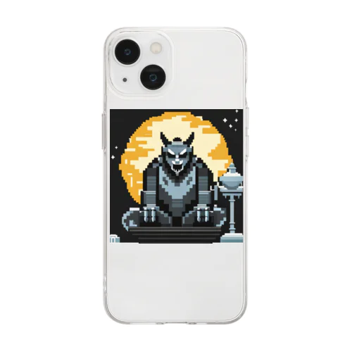 満月を背景に祀られる狼男の像のドット絵 Soft Clear Smartphone Case