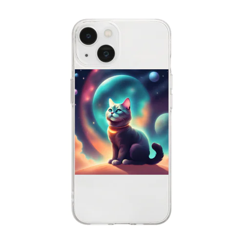 宇宙に居る猫のイラストグッズ Soft Clear Smartphone Case