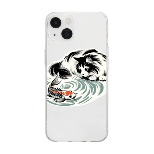 猫と鯉（水墨画風） Soft Clear Smartphone Case