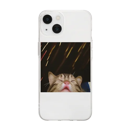 夜空の瞬きと猫の不思議な出会い Soft Clear Smartphone Case