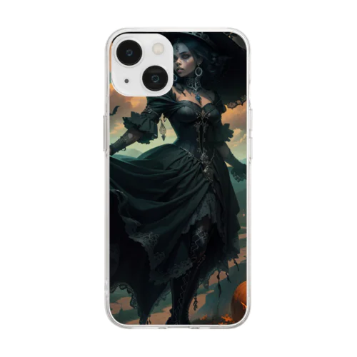 ハローウィーン、黒服を着たミステリアスな女性 Soft Clear Smartphone Case