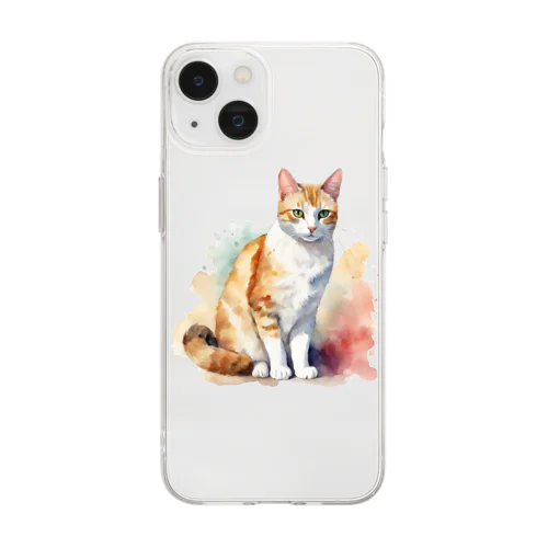 優しい表情の水彩猫　Watercolor Cat with a Gentle Expression Soft Clear Smartphone Case
