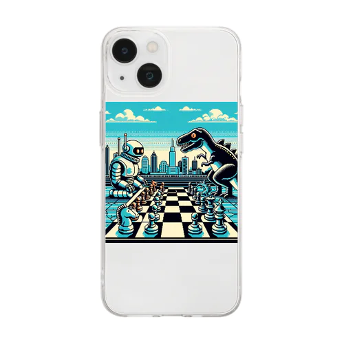 ドットロボットと恐竜のチェスゲームのドット絵B Soft Clear Smartphone Case