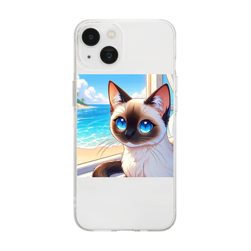 シャム猫のサファイヤ海に輝く Soft Clear Smartphone Case