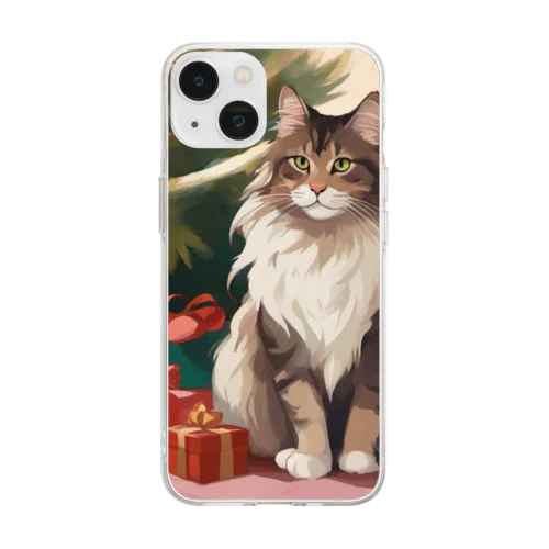 ネコ　クリスマスプレゼント　クリスマスツリー　 Soft Clear Smartphone Case