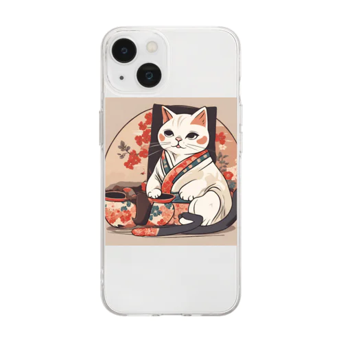 和風白猫 Soft Clear Smartphone Case