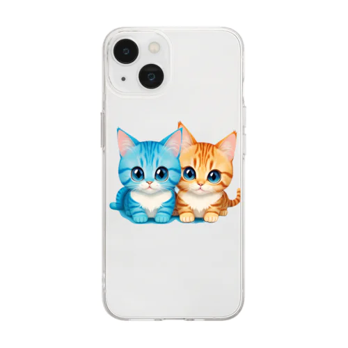 ふたりの仲良し猫ちゃん：青とオレンジ Soft Clear Smartphone Case