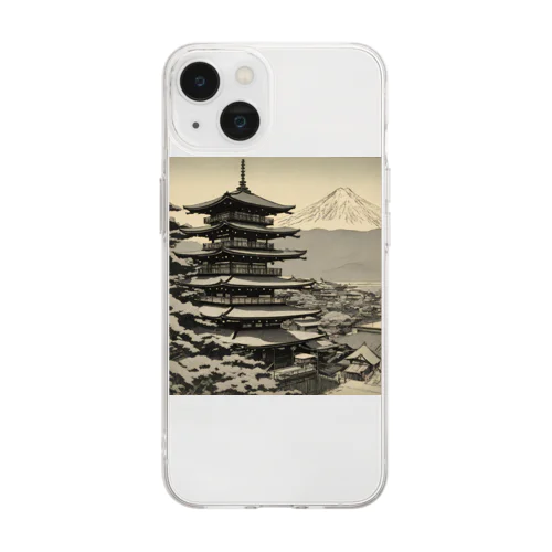 モノクロ山と寺 Soft Clear Smartphone Case