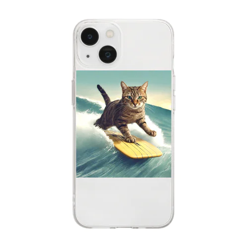 サーフィンする猫 Soft Clear Smartphone Case