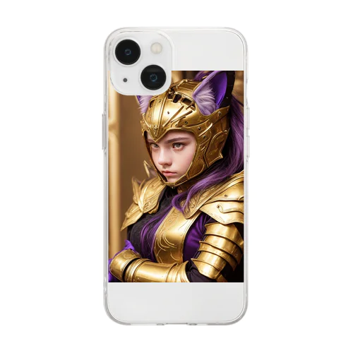 「金光輝く勇気：女性猫耳戦士の守護の証」 Soft Clear Smartphone Case