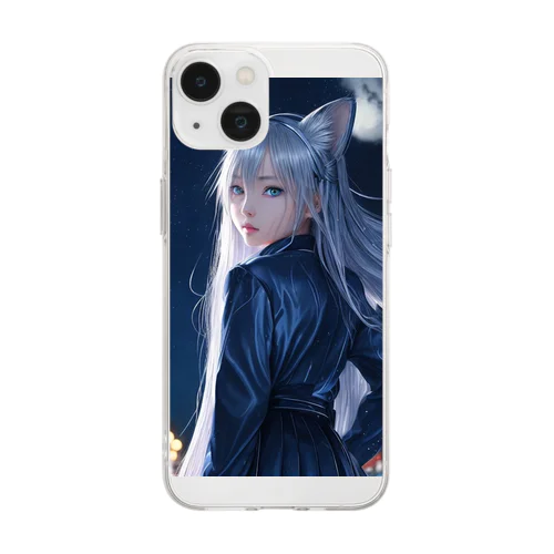 「深夜の邂逅：猫耳の不思議な出会い」 Soft Clear Smartphone Case