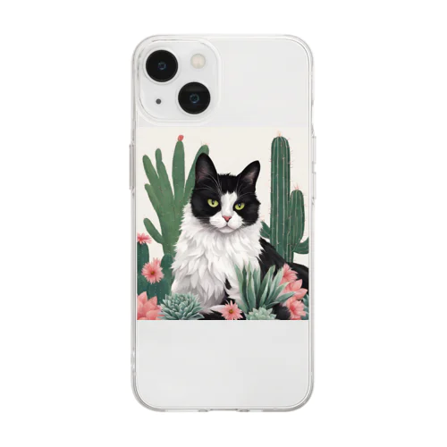 ハチワレ白黒猫とサボテン Soft Clear Smartphone Case