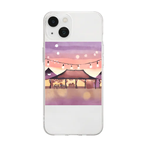 オープンテラスと釣り照明の輝きで夕暮れの美を彩る水彩アート Soft Clear Smartphone Case