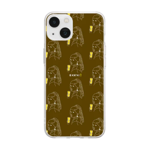 名画 × BEER（真珠の耳飾りの少女）白線画-ブラウンpattern Soft Clear Smartphone Case