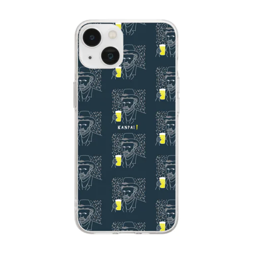 名画 × BEER（ゴッホ自画像）白線画-ネイビーpattern Soft Clear Smartphone Case