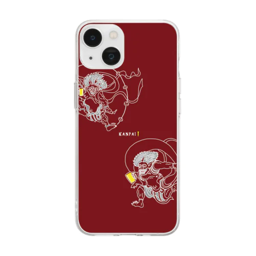 名画 × BEER（風神雷神）白線画-レッド Soft Clear Smartphone Case